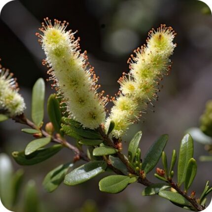 Bog Myrtle (Myrica gale) close-up of reddish-brown catkins and aromatic green leaves in early spring growth.