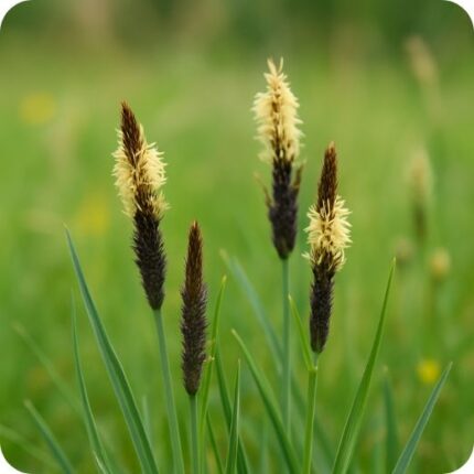 Carnation Sedge (Carex panicea) low-growing plant with tufted green leaves and upright black and yellow flowering stems.